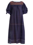 Thierry Colson Cretan Embroidered Puff-sleeve Cotton Dress