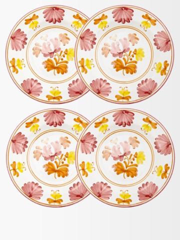 Cabana Magazine - Set Of Four Blossom Painted Porcelain Soup Plates - Womens - White Yellow Multi