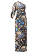 Matchesfashion.com Peter Pilotto - Celestial Floral-print One-shoulder Satin Gown - Womens - Black Blue