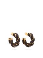 Matchesfashion.com Bottega Veneta - Leather & 18kt-gold Plated Silver Hoop Earrings - Womens - Brown