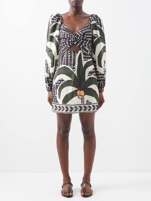 Johanna Ortiz - Atardecer Tropical-print Linen Mini Dress - Womens - Black Multi