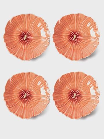 Bordallo Pinheiro - Set Of Four Hollyhock Earthenware Dessert Plates - Red Orange