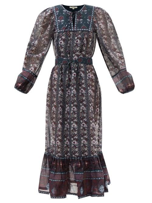 Sea - Nadine Balloon-sleeve Floral-print Cotton Dress - Womens - Blue Multi