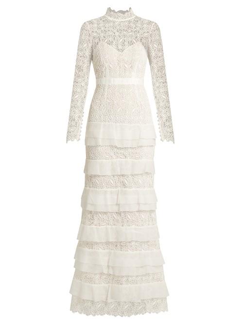 Self-portrait Primrose Tiered Crepon And Guipure-lace Gown