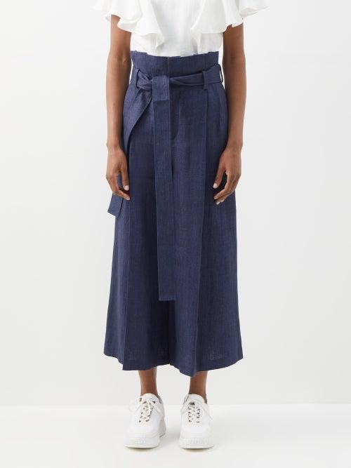 Chlo - Paperbag-waist Cropped Linen Wide-leg Trousers - Womens - Dark Indigo
