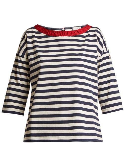 Matchesfashion.com Moncler - Boat Neck Striped Cotton T Shirt - Womens - Blue Stripe