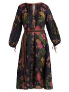 Matchesfashion.com D'ascoli - Russia Floral Print Balloon Sleeve Silk Dress - Womens - Black Print