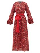 Matchesfashion.com Saloni - Lucia Cherry Print Silk Crepe Midi Dress - Womens - Orange Multi