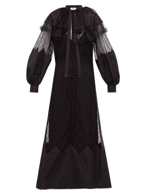 Matchesfashion.com Fendi - Ruffled Lace And Taffeta Midi Dress - Womens - Black