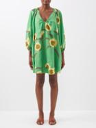 Bernadette - Georgette V-neck Floral-print Linen Dress - Womens - Green Multi