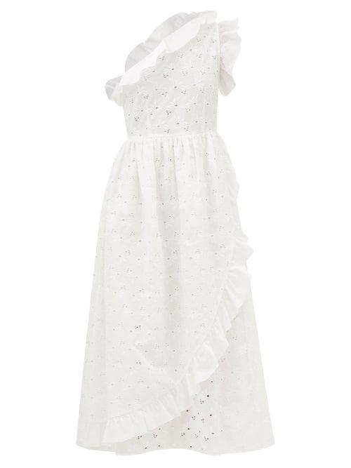 Batsheva - Jude Broderie-anglaise One-shoulder Cotton Dress - Womens - White