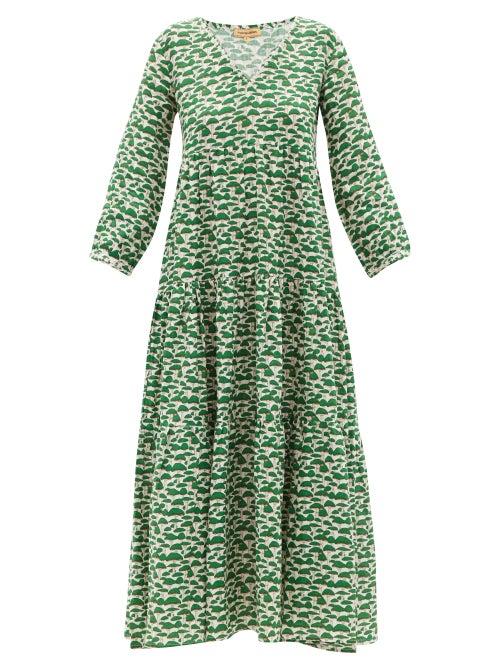 Matchesfashion.com Muzungu Sisters - Frangipani Tiered Linen Maxi Dress - Womens - Green White