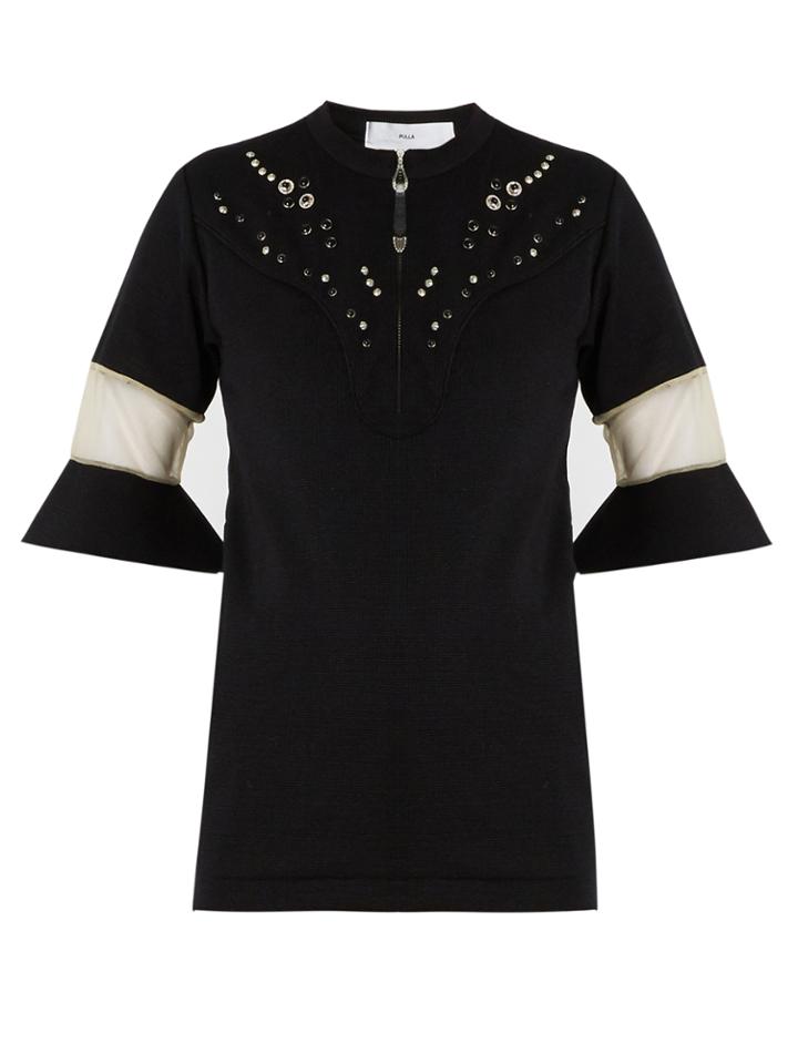 Toga Embellished-yoke Fluted-cuff Top