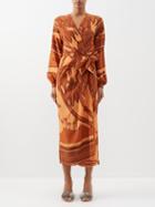 Johanna Ortiz - Sociedades Antiguas Silk-crepe Wrap Midi Dress - Womens - Brown Print