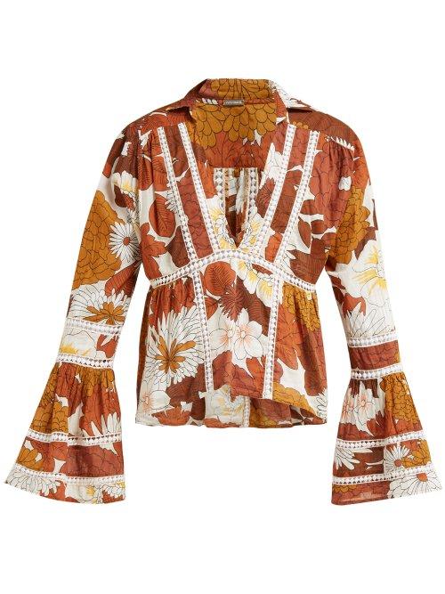 Matchesfashion.com Dodo Bar Or - Enid V Neck Lace Insert Cotton Shirt - Womens - Brown Print