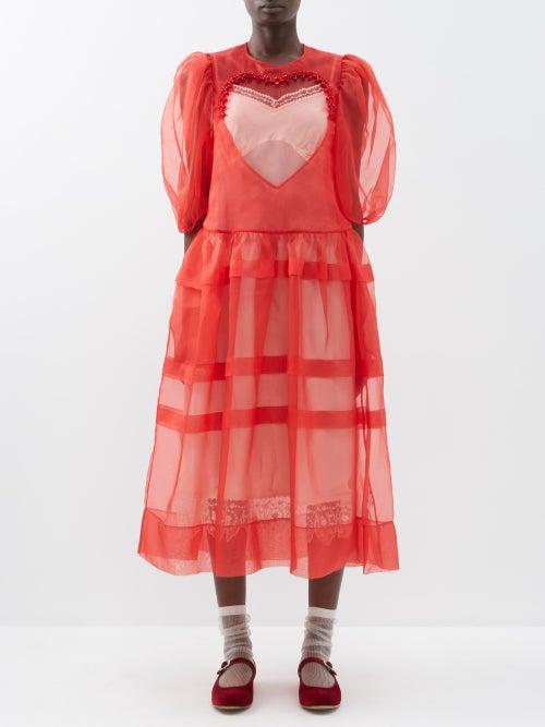Simone Rocha - Beaded Heart-insert Silk-organza Midi Dress - Womens - Red