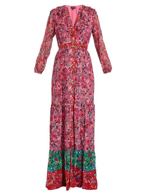Matchesfashion.com Saloni - Ginny Floral Print Silk Crepe Dress - Womens - Pink Multi