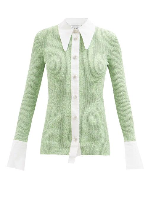 Ganni - Crystal-button Ribbed-knit Cardigan - Womens - Green