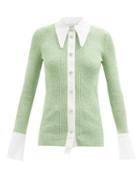 Ganni - Crystal-button Ribbed-knit Cardigan - Womens - Green