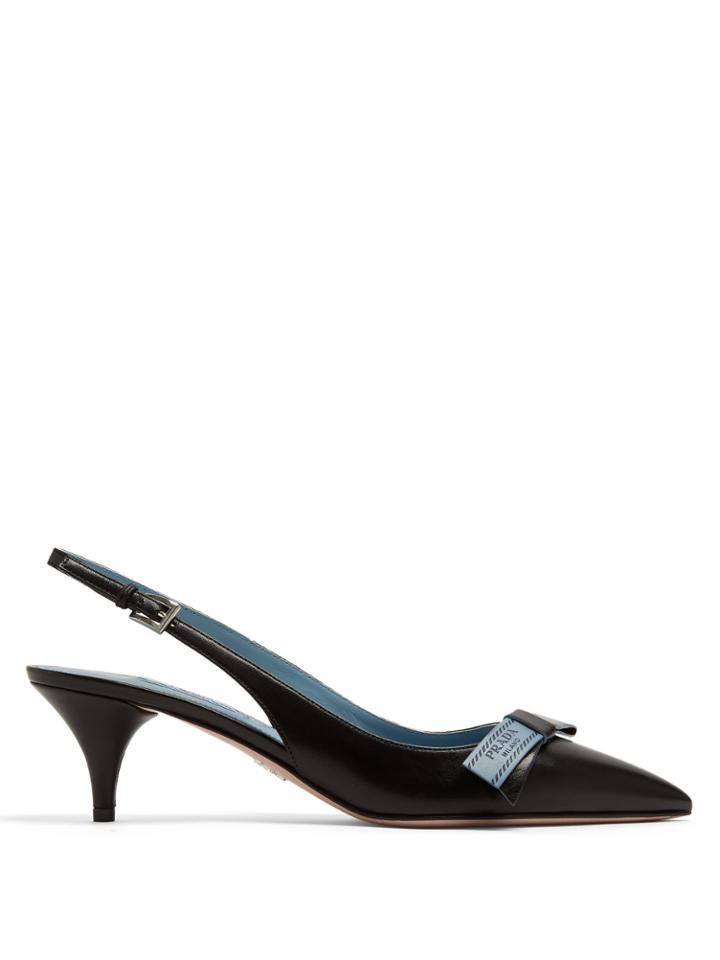 Prada Logo Bow-embellished Kitten-heel Leather Pumps