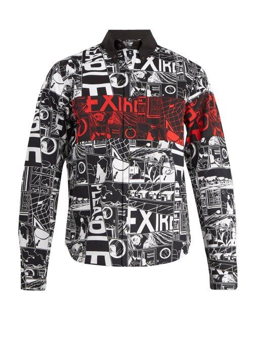 Matchesfashion.com Prada - Contrast Collar Comic Print Cotton Shirt - Mens - Black
