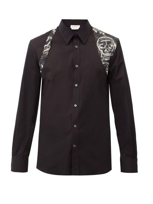 Matchesfashion.com Alexander Mcqueen - Painted Skull-print Harness Cotton-poplin Shirt - Mens - Black