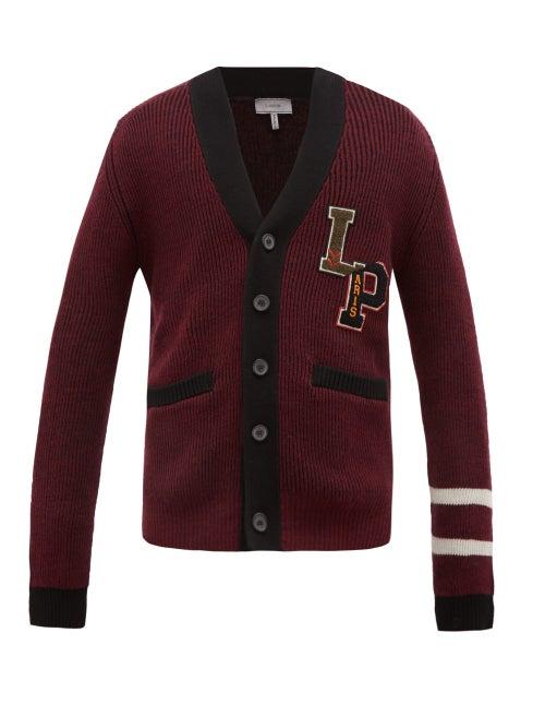 Matchesfashion.com Lanvin - Varsity Logo Patch Wool Cardigan - Mens - Burgundy