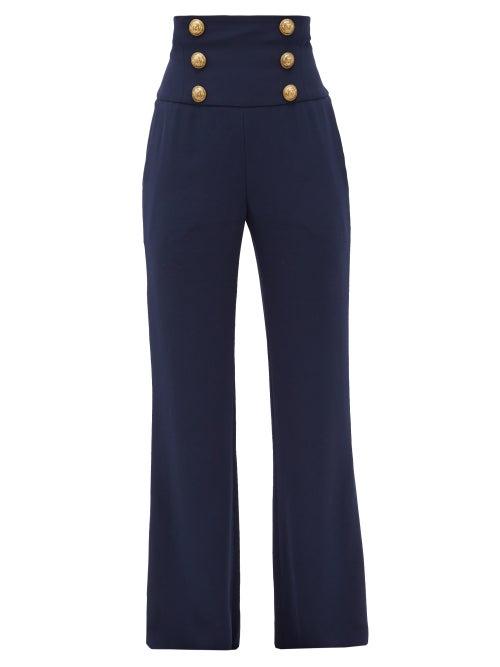 Matchesfashion.com Balmain - Buttoned Crepe Wide-leg Trousers - Womens - Navy