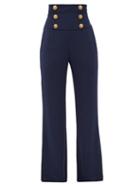 Matchesfashion.com Balmain - Buttoned Crepe Wide-leg Trousers - Womens - Navy