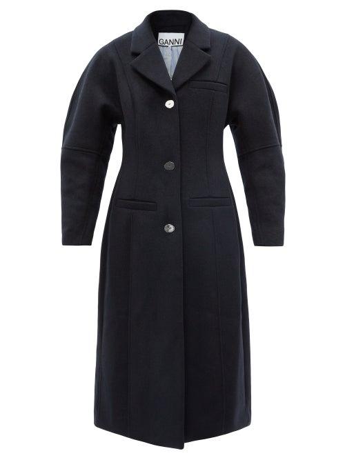 Ganni - Single-breasted Puff-sleeve Felted Coat - Womens - Navy