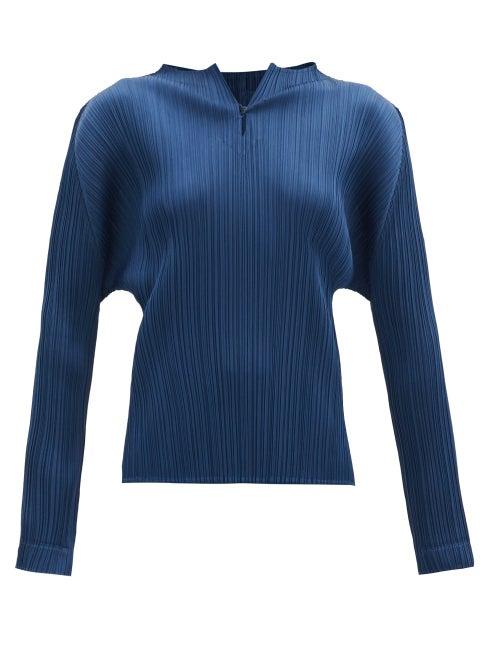 Matchesfashion.com Pleats Please Issey Miyake - Keyhole-neck Technical-pleated Top - Womens - Dark Blue