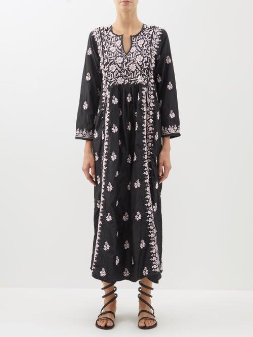 Muzungu Sisters - Floral-embroidered Silk Midi Dress - Womens - Black Pink