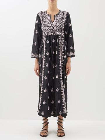 Muzungu Sisters - Floral-embroidered Silk Midi Dress - Womens - Black Pink