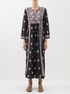 Muzungu Sisters - Floral-embroidered Silk Midi Dress - Womens - Black Pink