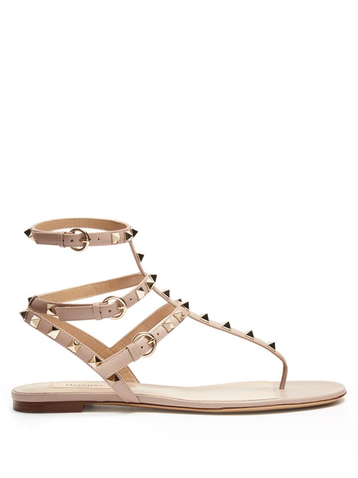 Valentino Rockstud T-bar Leather Flat Sandals