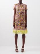 La Doublej - Mini Swing Feathered Floral-print Silk-twill Dress - Womens - Black Multi