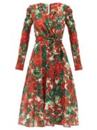 Matchesfashion.com Dolce & Gabbana - Geranium Print Silk Blend Midi Dress - Womens - Red Multi