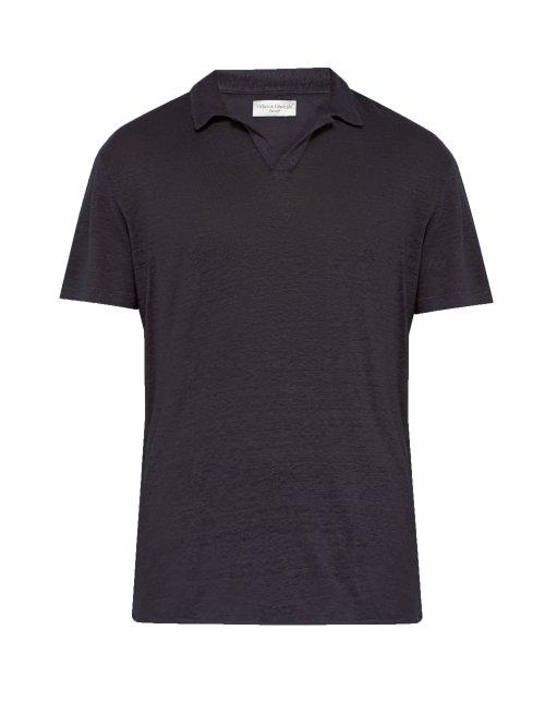 Matchesfashion.com Officine Gnrale - Simon Open Front Linen Jersey Polo Shirt - Mens - Navy