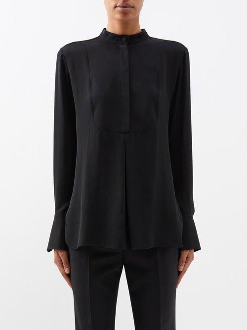 Another Tomorrow - Tuxedo Silk Blouse - Womens - Black