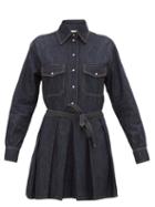 Matchesfashion.com Valentino - Waist-tie Pleated Denim Mini Dress - Womens - Blue