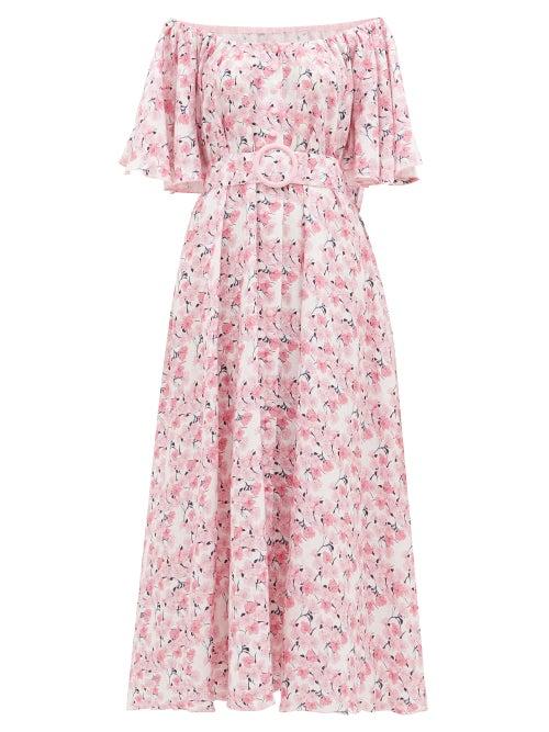 Matchesfashion.com Gl Hrgel - Floral Off-the-shoulder Linen Dress - Womens - Pink Print