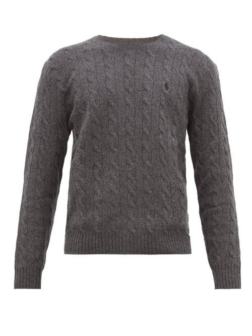 Matchesfashion.com Polo Ralph Lauren - Logo Embroidered Cable Knit Wool Blend Sweater - Mens - Grey