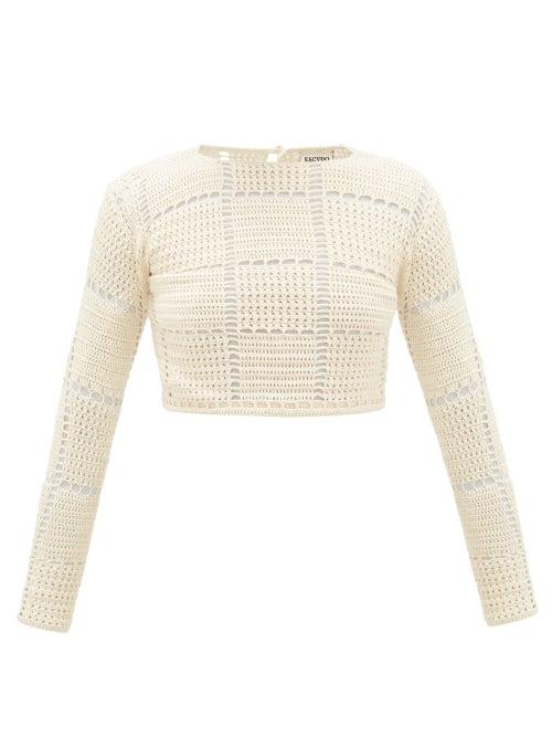 Matchesfashion.com Escvdo - Sacha Checked Crocheted-cotton Crop Top - Womens - Ivory