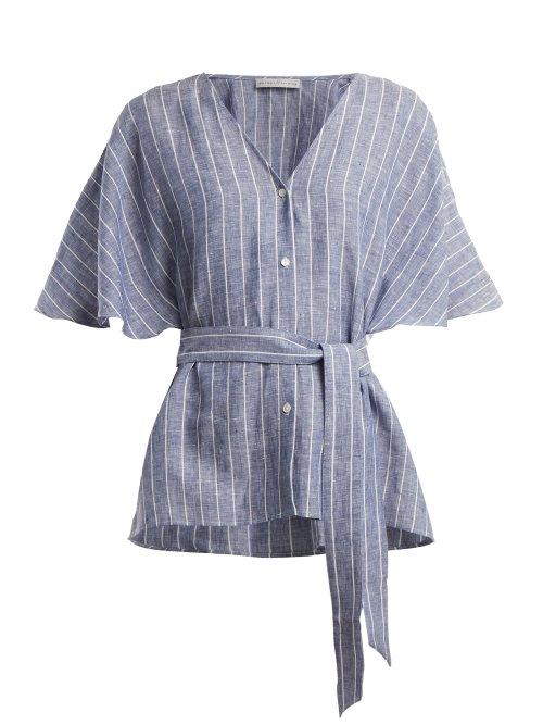 Matchesfashion.com Palmer//harding - Tie Waist Striped Linen Top - Womens - Navy Stripe