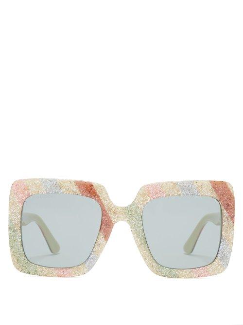 Matchesfashion.com Gucci - Glitter Stripe Square Frame Sunglasses - Womens - Cream Multi