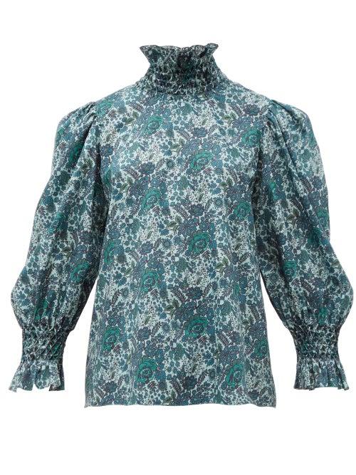 Matchesfashion.com Horror Vacui - Collia Smocked Floral Print Cotton Blouse - Womens - Dark Green Multi