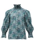 Matchesfashion.com Horror Vacui - Collia Smocked Floral Print Cotton Blouse - Womens - Dark Green Multi
