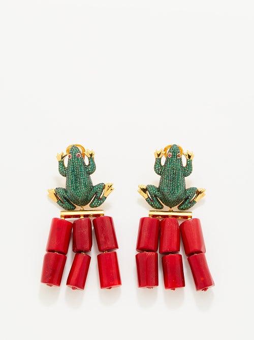 Begm Khan - Frog 24kt Gold-plated Clip Earrings - Womens - Green Multi