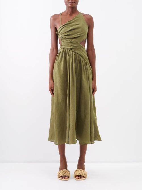 Zimmermann - Laurel Asymmetric Linen Midi Dress - Womens - Olive