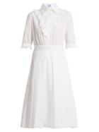 Matchesfashion.com Prada - Ruffle Trimmed Cotton Poplin Dress - Womens - White